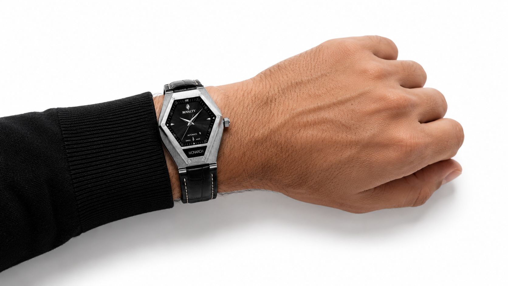 The Monarch on his wrist — Diamond King in steel on black leather